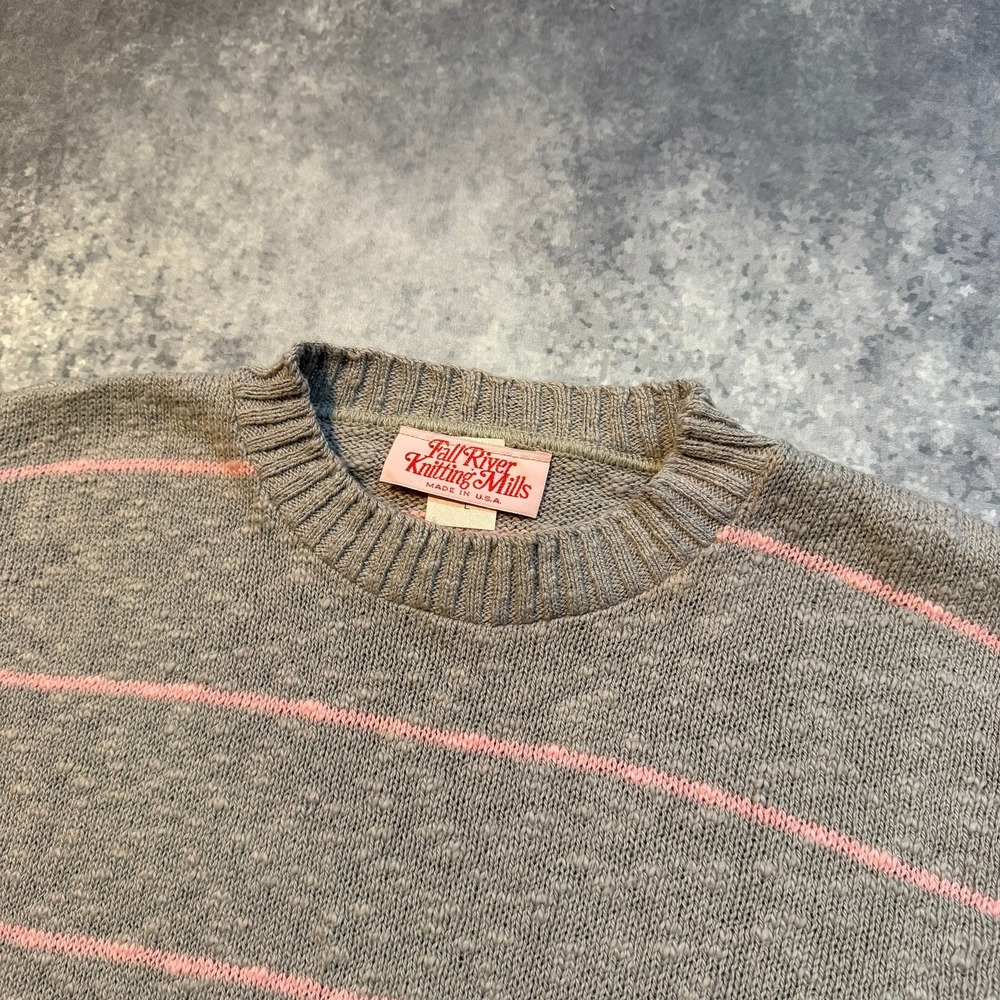 Fall River Knitting Mills Vintage Grey Pink Striped Cotton Crewneck Sweater L - Picture 2 of 5